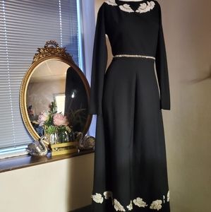 Late 60s, Early 70s Black White leaf Maxi Dress